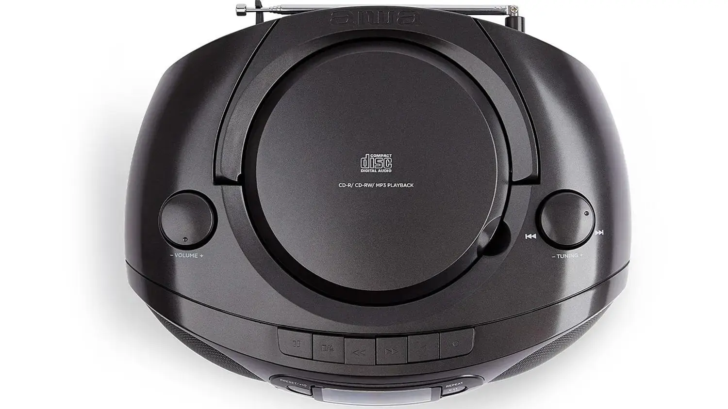 Pohľad zhora na rádiový kazetový magnetofón Aiwa BBTC-550BK s CD prehrávačom.