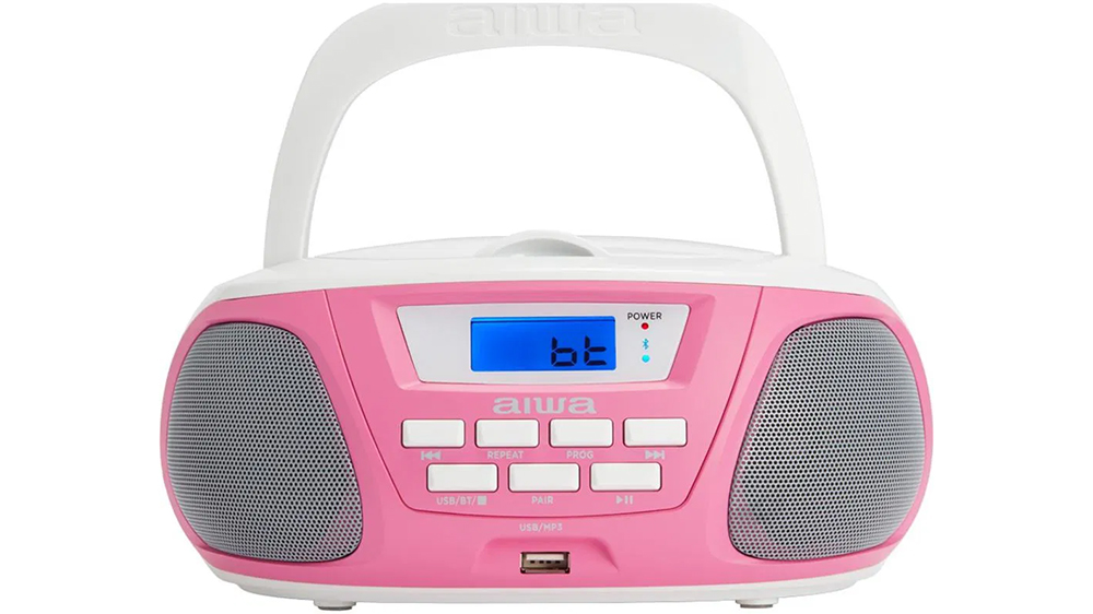 Prenosný boombox Aiwa Boombox BBTU-300PK ružovo-biely na bielom pozadí zobrazujúci kompaktný ružovo-biely dizajn