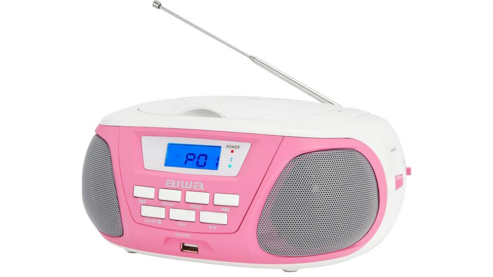 Prenosný boombox Aiwa Boombox BBTU-300PK ružovo-biely demonštrujúci kvalitné reproduktory a CD mechaniku