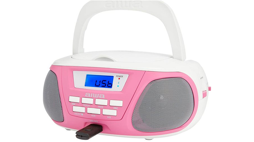 Prenosný boombox Aiwa Boombox BBTU-300PK ružovo-biely pripojený k mobilnému telefónu cez Bluetooth