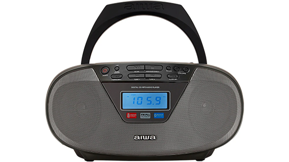 Radiomagnetofon Aiwa BBTU-400 s kazetov&yacute;m přehr&aacute;vačem, CD mechanikou a USB portem na b&iacute;l&eacute;m pozad&iacute;