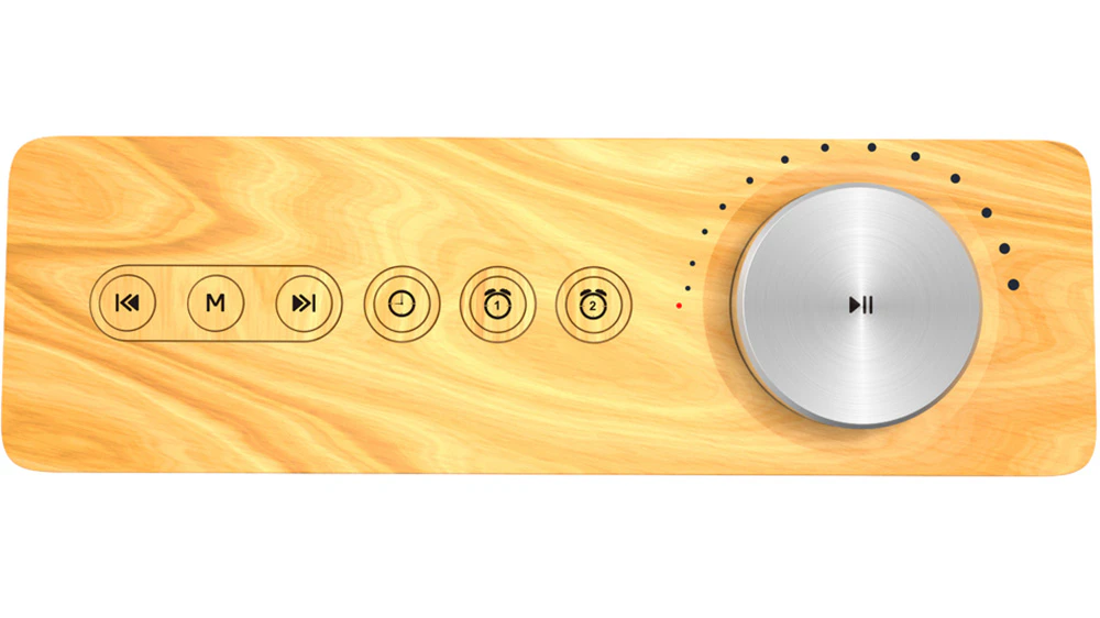 Radiobudík Aiwa CR-90BT ukazující dřevěné provedení krytu a vnitřní baterii s dlouhou výdrží