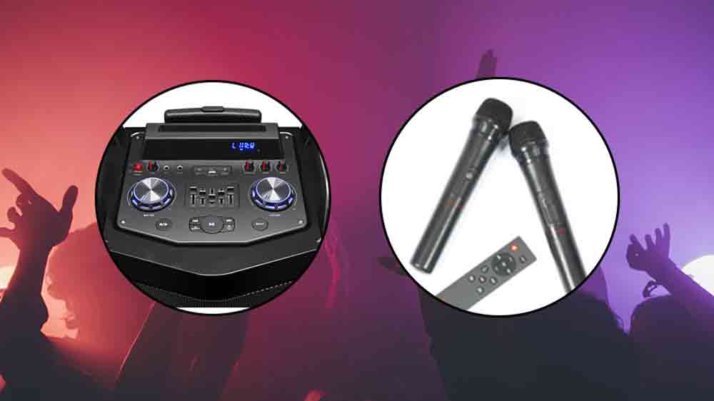 Bezdrôtový reproduktor Aiwa KBTUS-900 s 2 mikrofónmi a detailom ovládania_03