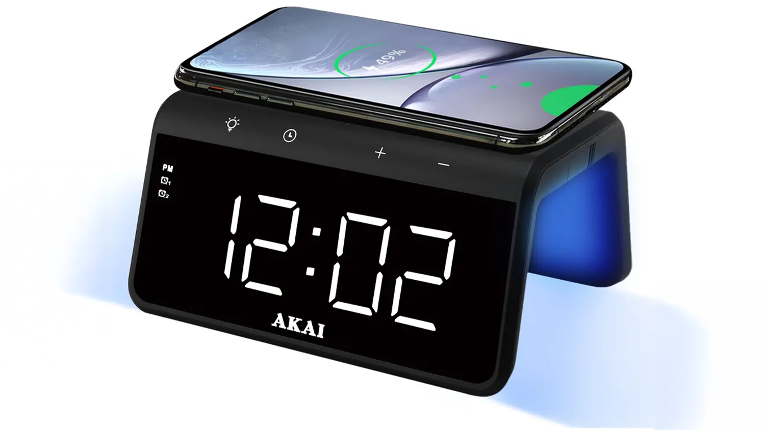 Bud&iacute;k Akai ACRB-2000 s mobilem na bezdr&aacute;tov&eacute; nab&iacute;ječce