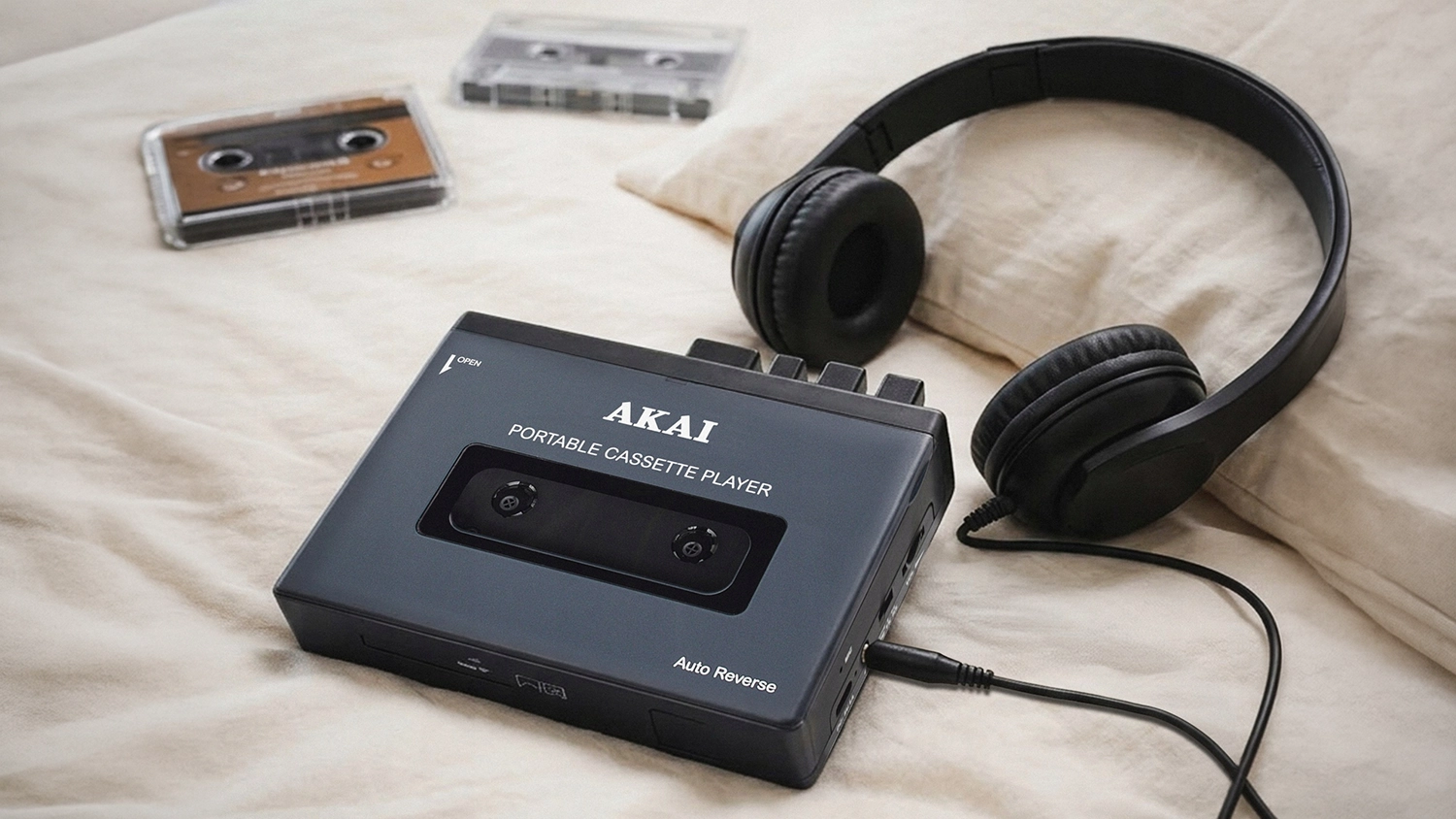Walkman AKAI POCKET TAPE na dřevěném stole s kazetami