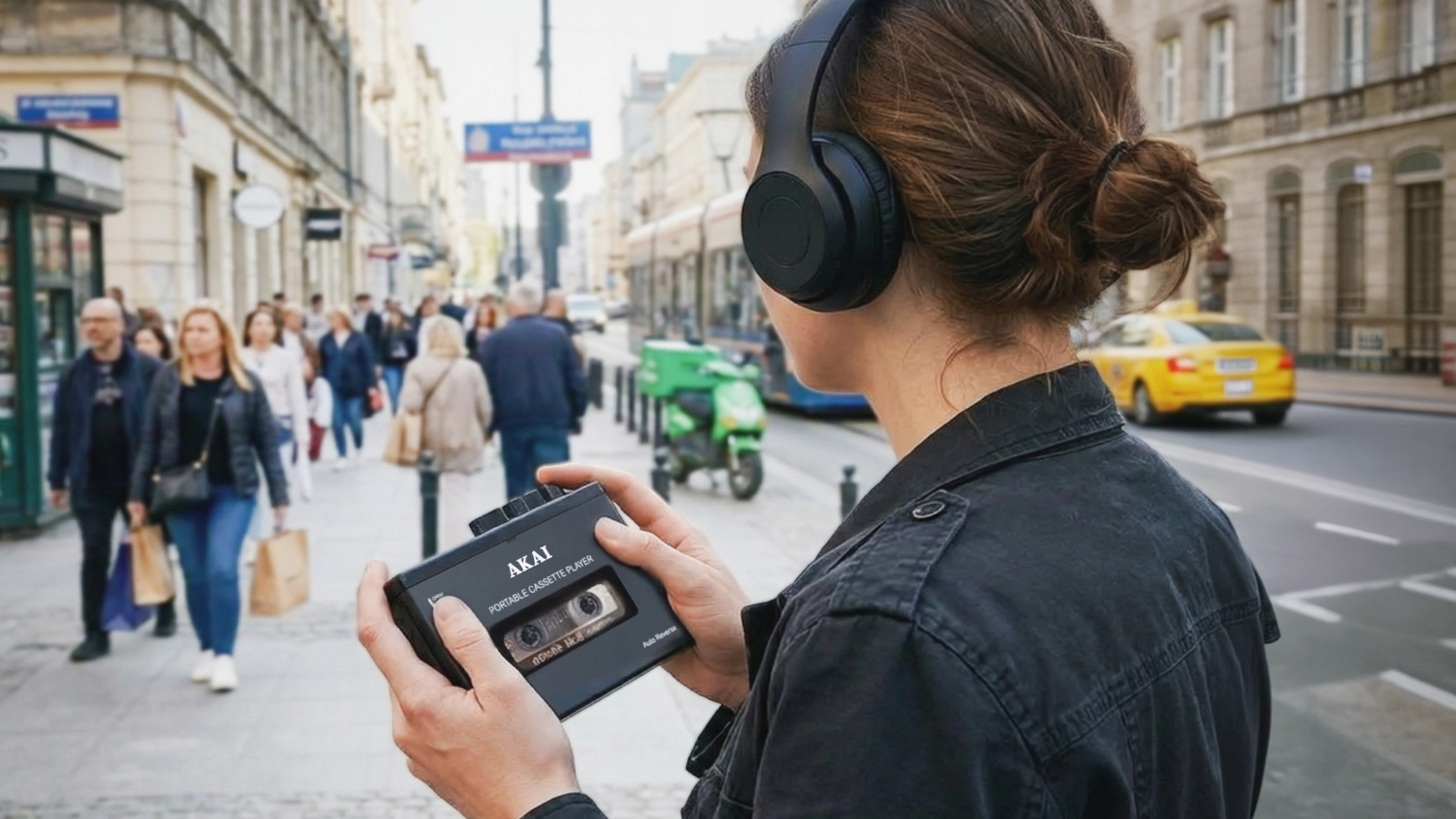 Žena jde po ulici a drží walkman AKAI POCKET TAPE
