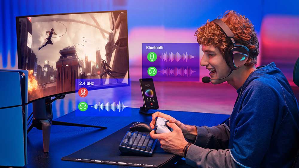 Mladý muž hraje akční hru a využívá bezdrátový herní headset ROG Delta II_02