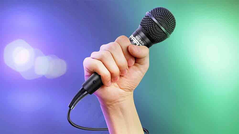 Ruka drží mikrofon Bigben PARTYMIC_02