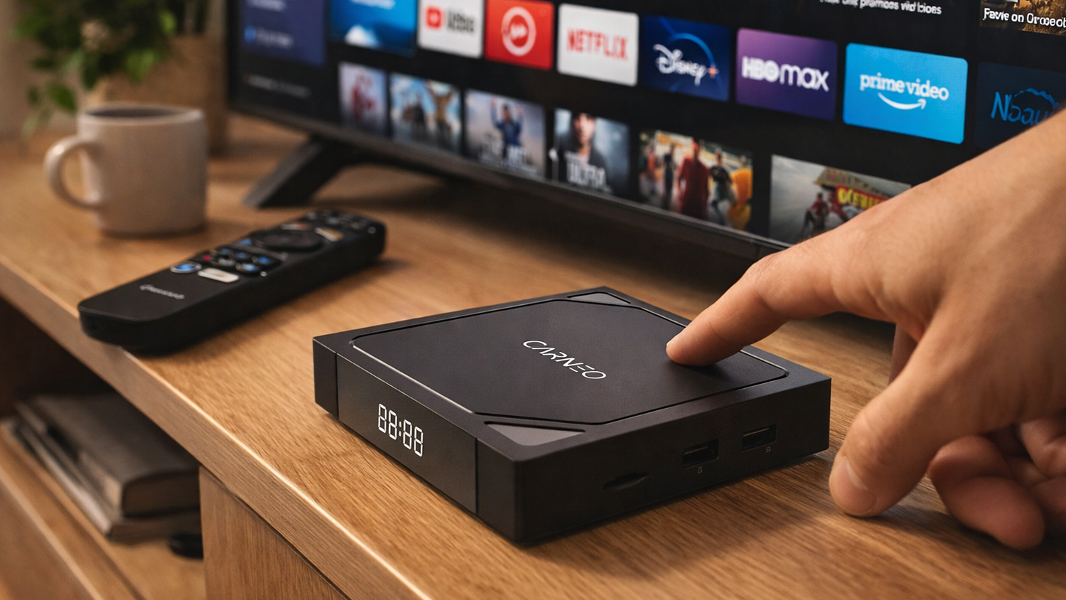 Multimedi&aacute;lne centrum Carneo Android TV BOX TiVii ULTRA pred telev&iacute;zorom