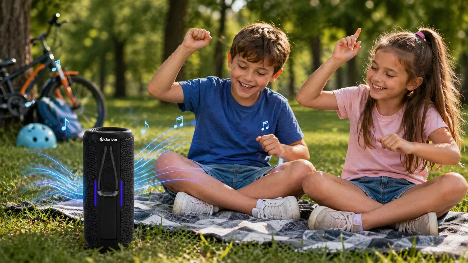Deti si na pikniku p&uacute;&scaron;ťaj&uacute; hudbu z reproduktora Denver