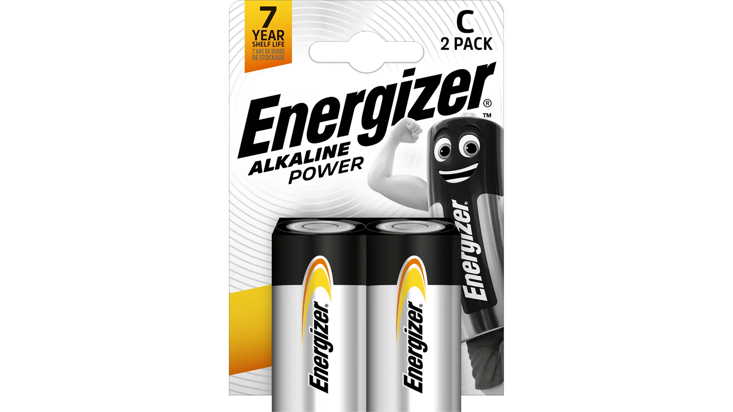 Bat&eacute;rie Energizer C LR14 Alkaline 1,5 V (2 ks) na bielom pozad&iacute; zobrazuj&uacute;ce celkov&yacute; dizajn balenia