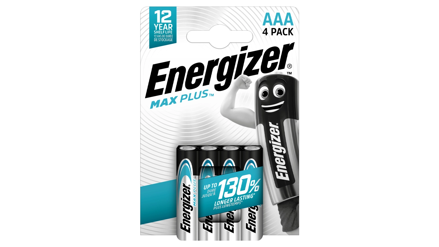 Spotřební baterie Energizer MAX PLUS LR03 AAA 4-Pack na bílém pozadí zobrazující celkový design balení