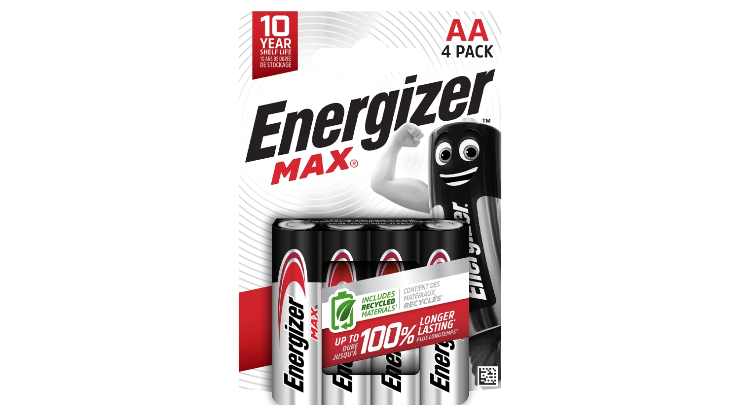 Alkalické baterie AA Energizer MAX E91BP-4 v originálním balení na bílém pozadí