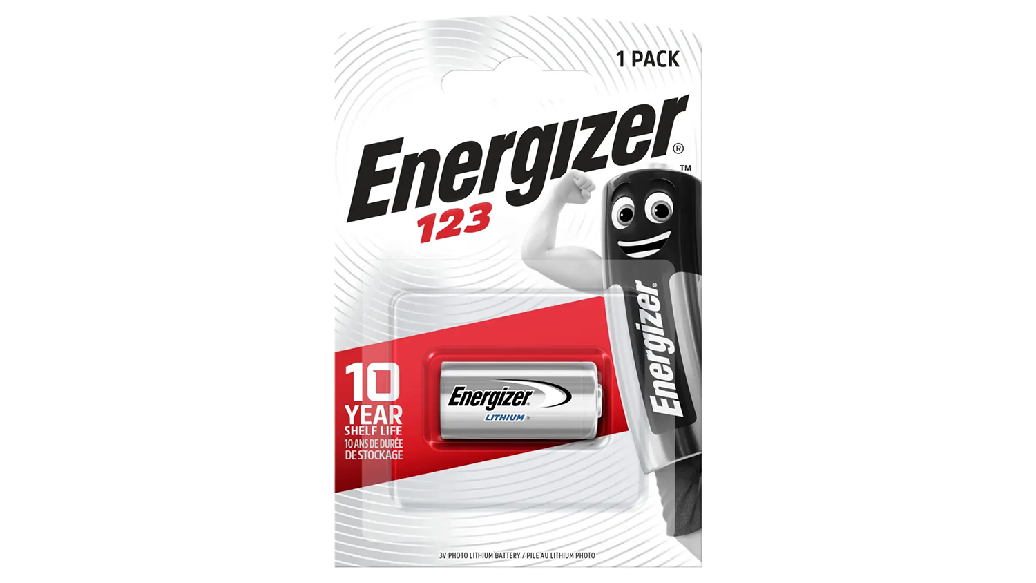 Lítová batéria Energizer CR123A 3V na bielom pozadí zobrazujúca celkový dizajn