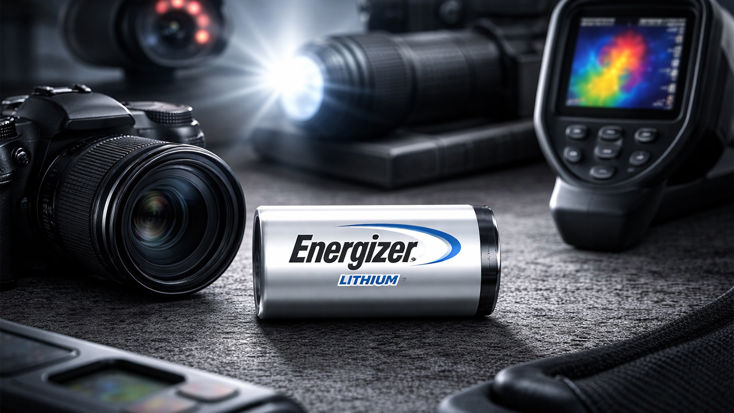 Lítová batéria Energizer CR123A 3V zobrazená s profesionálnymi zariadeniami demonštrujúca svoju spoľahlivosť