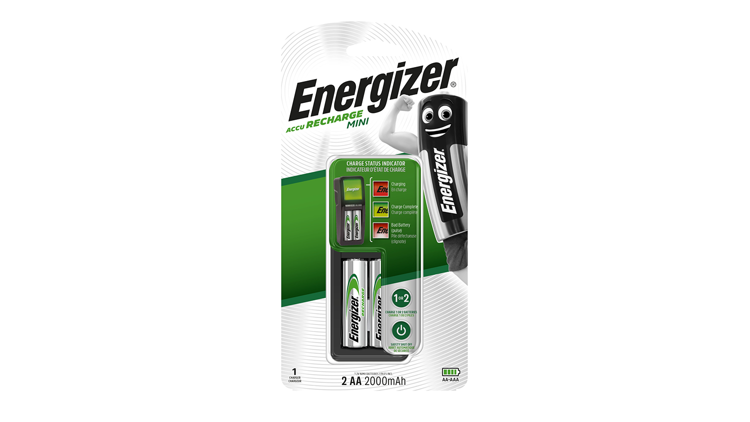 Nab&iacute;ječka bateri&iacute; Energizer CH2PC3 na b&iacute;l&eacute;m pozad&iacute; zobrazuj&iacute;c&iacute; kompaktn&iacute; design a dvě nab&iacute;jec&iacute; pozice