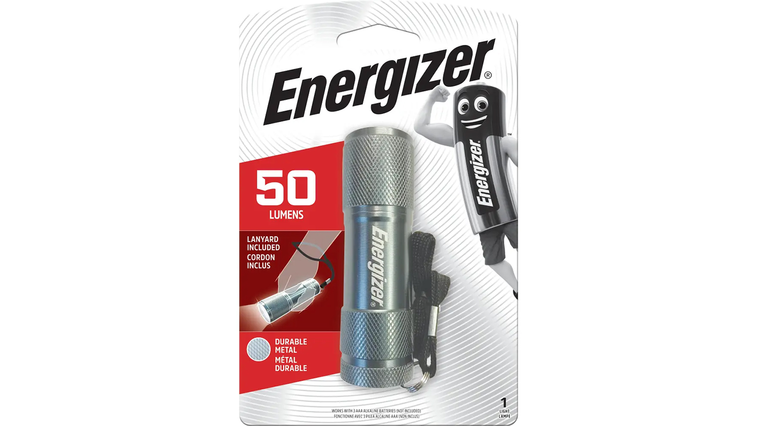 Baterka Energizer Metal MLV33A na bílém pozadí zobrazující kompaktní válcový tvar s hliníkovým tělem
