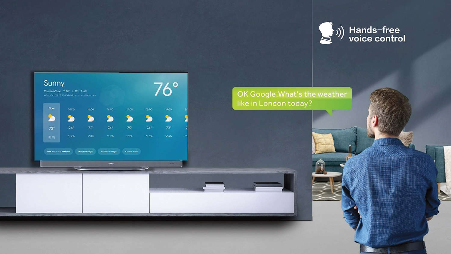 Muž ovl&aacute;daj&iacute;c&iacute; televizi Haier H65M95EUX hlasem_09
