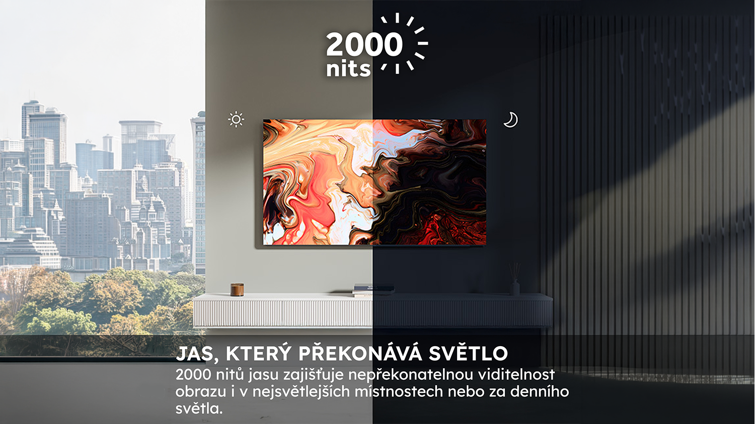 Telev&iacute;zor Haier H65M95EUX napoly vo svetle, napoly v tme