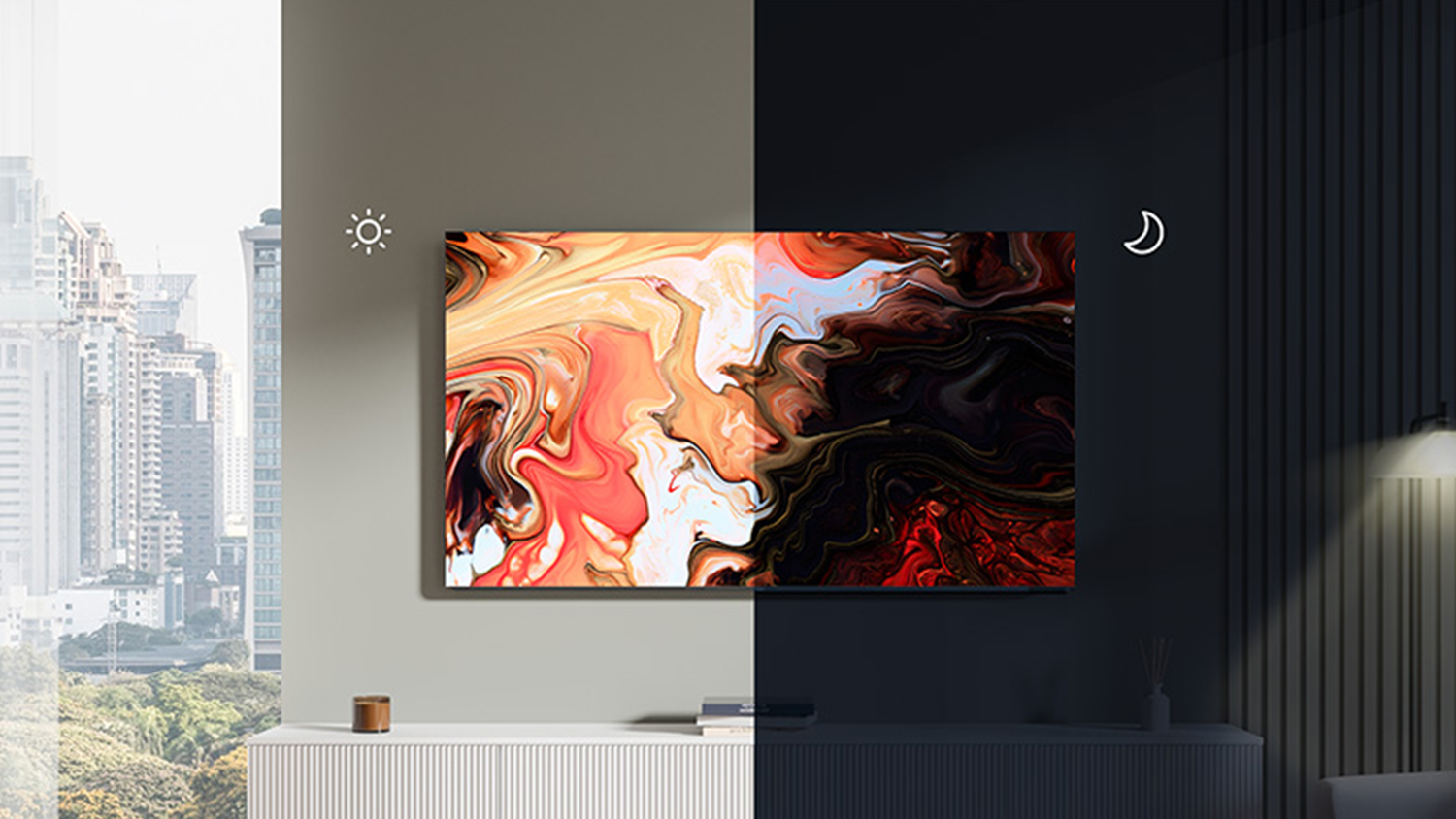 Televize Haier H65M90EUX napůl ve světle, napůl ve tmě