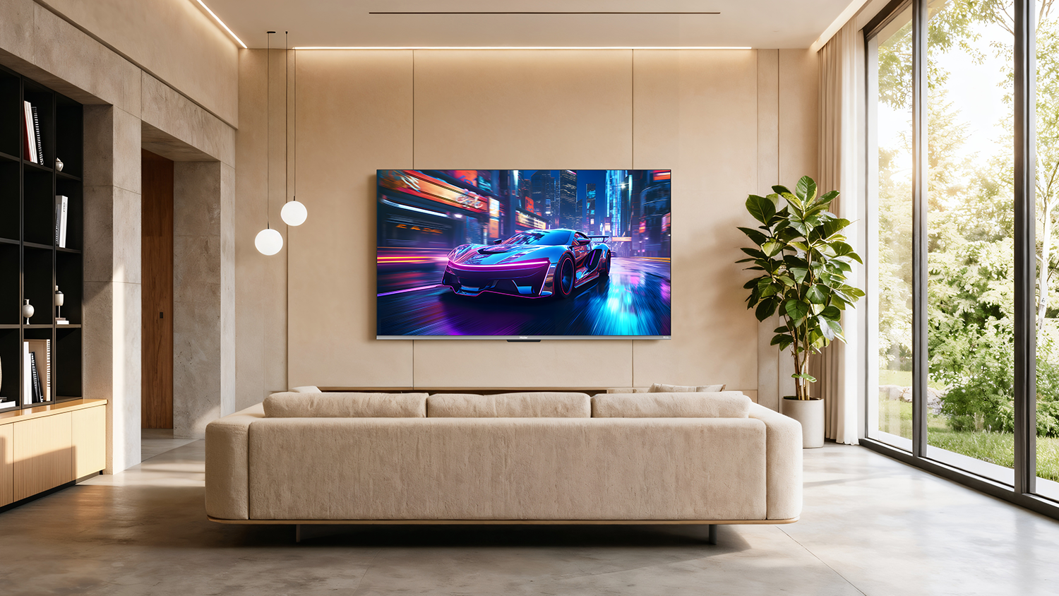 QLED televize Haier H85Q80FUX ob&yacute;vac&iacute;m pokoji
