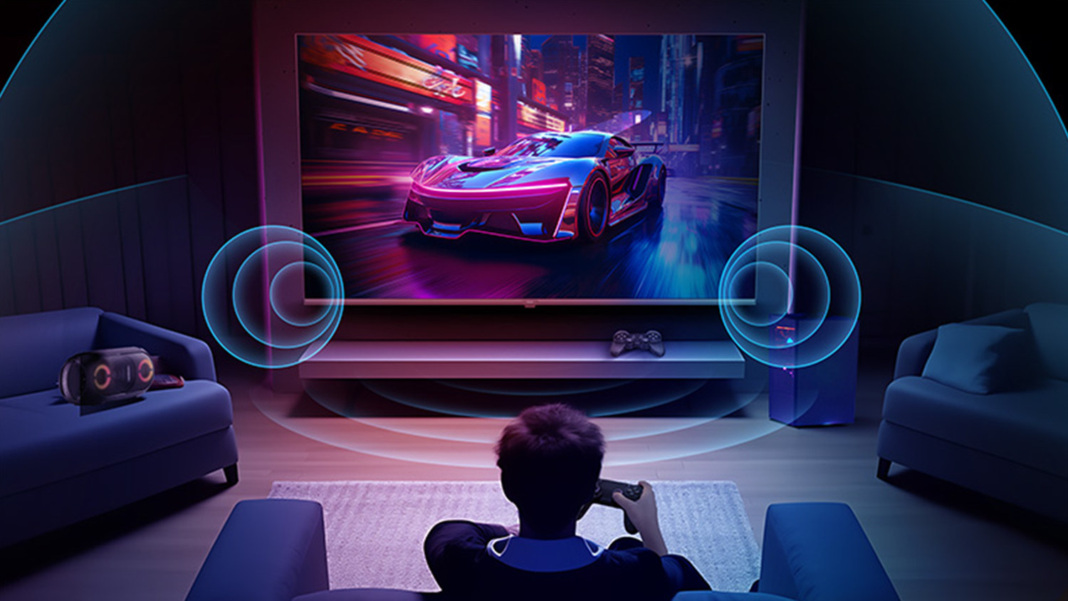 Muž hrající na televizi Haier_04