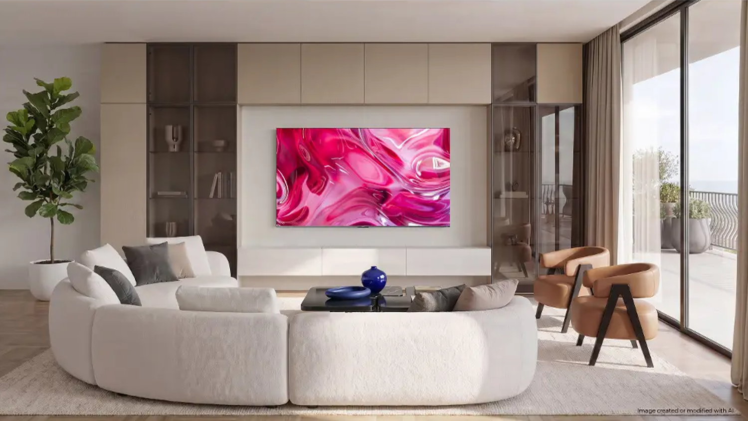 Moderná domácnosť so stenou a televízorom Haier