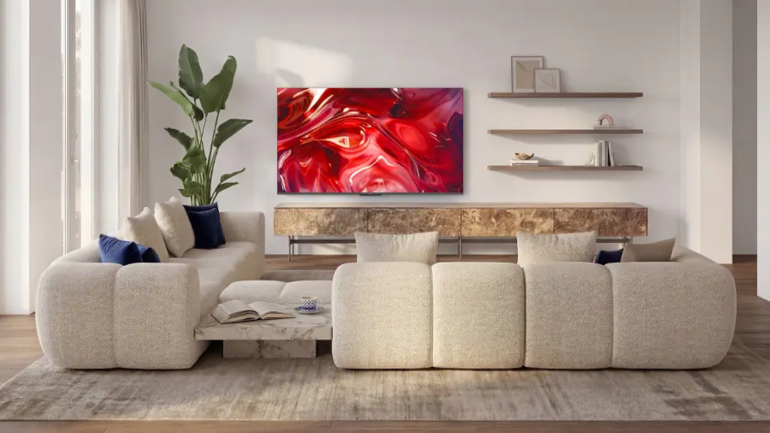Ob&yacute;vacia izba s pohovkou a telev&iacute;zorom Haier