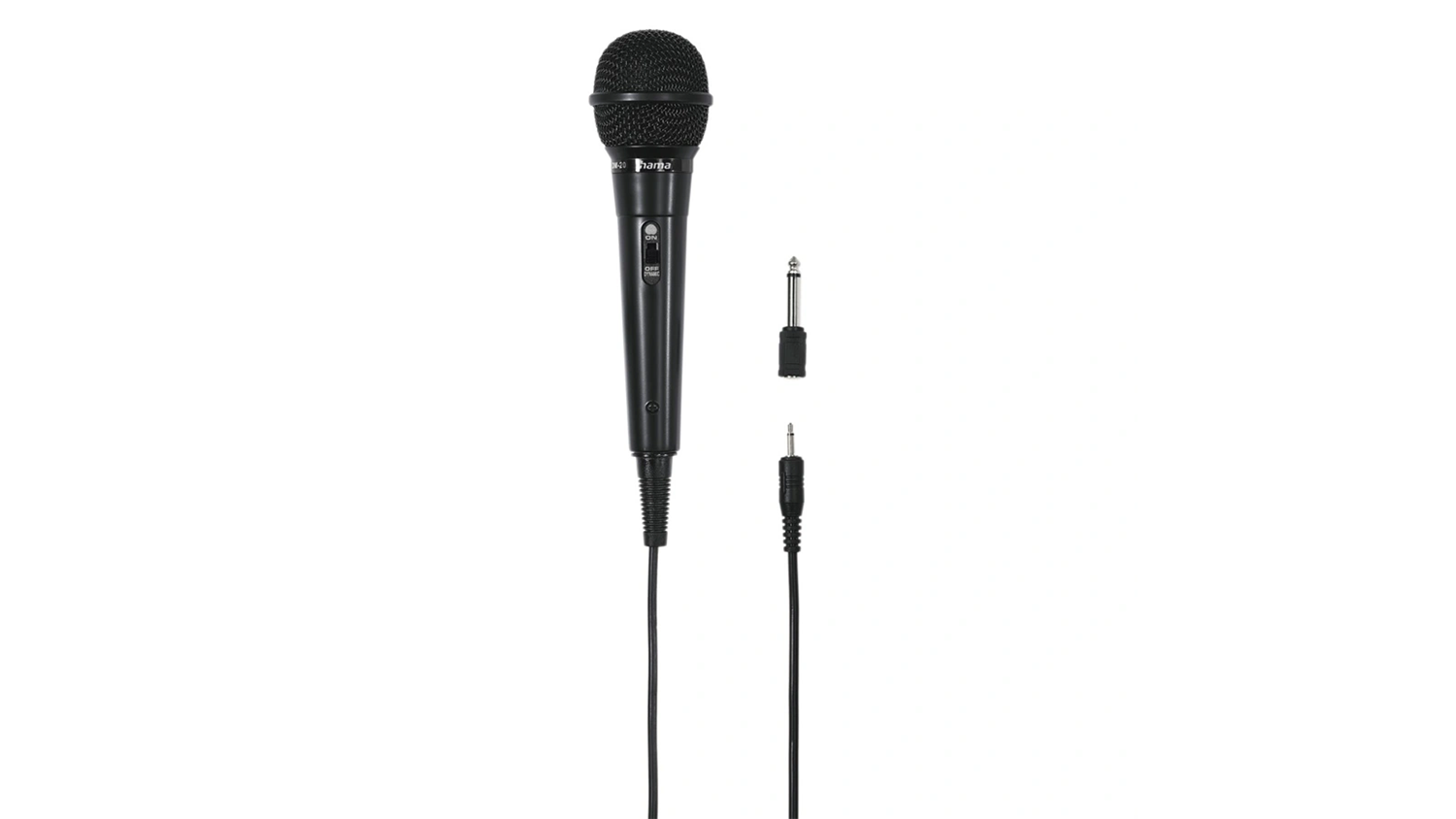 Dynamick&yacute; mikrofon Hama DM-20 na b&iacute;l&eacute;m pozad&iacute; zobrazuj&iacute;c&iacute; celkov&yacute; design s 3,5 mm jackem