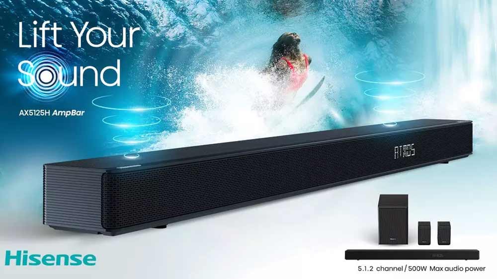 Soundbar Hisense AX5125H a v pozadí plavkyně vynořující se nad hladinu_03