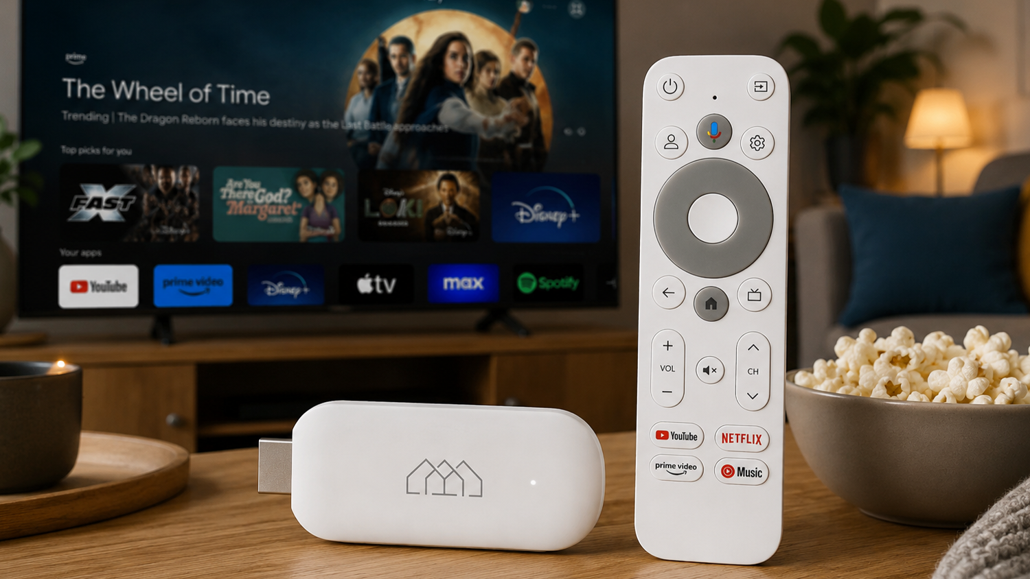 Multimedi&aacute;lne centrum Homatics Stick 4K Google TV pred telev&iacute;ziou
