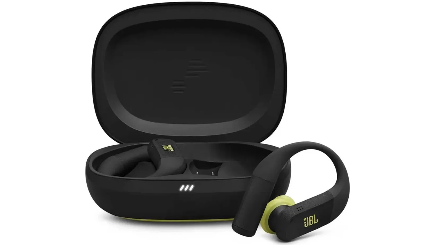 Bezdrátová sluchátka JBL Endurance Peak 4 BlackLime zepředu s pouzdrem