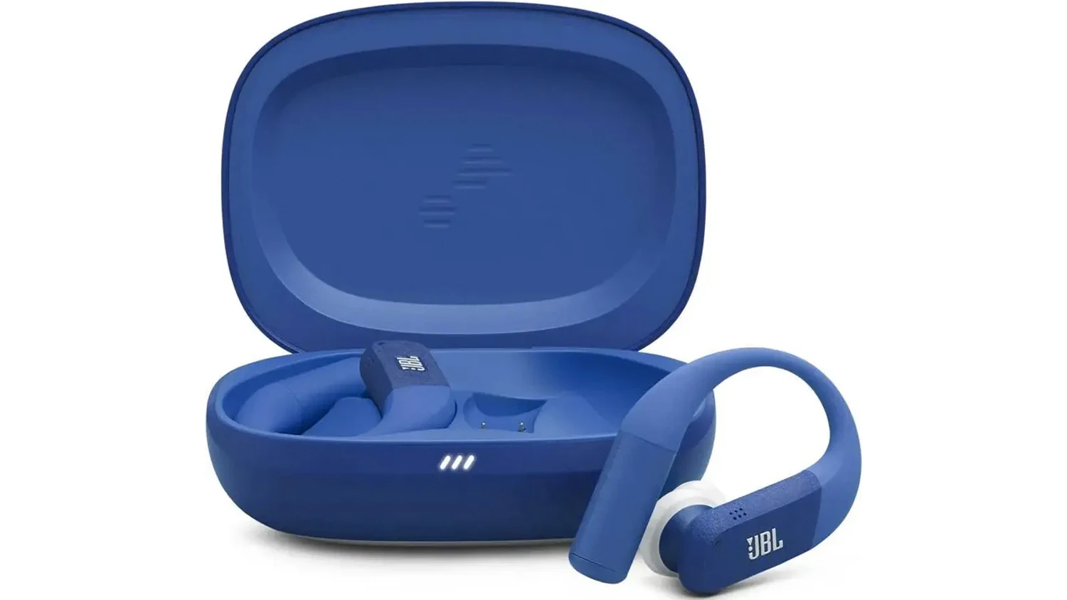 Bezdrátová sluchátka JBL Endurance Peak 4 Blue zepředu s pouzdrem