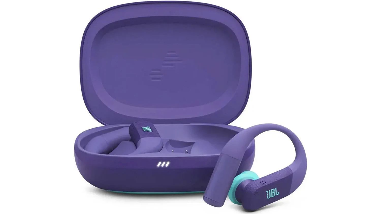 Bezdrátová sluchátka JBL Endurance Peak 4 Purple zepředu s pouzdrem