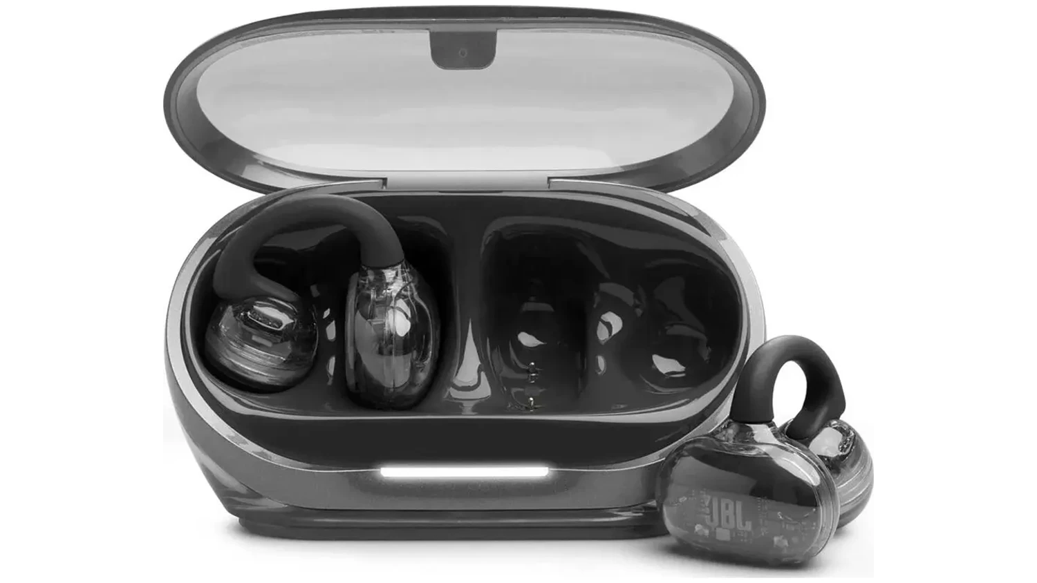 Bezdrôtové slúchadlá JBL Soundgear Clips Black z prednej strany s puzdrom