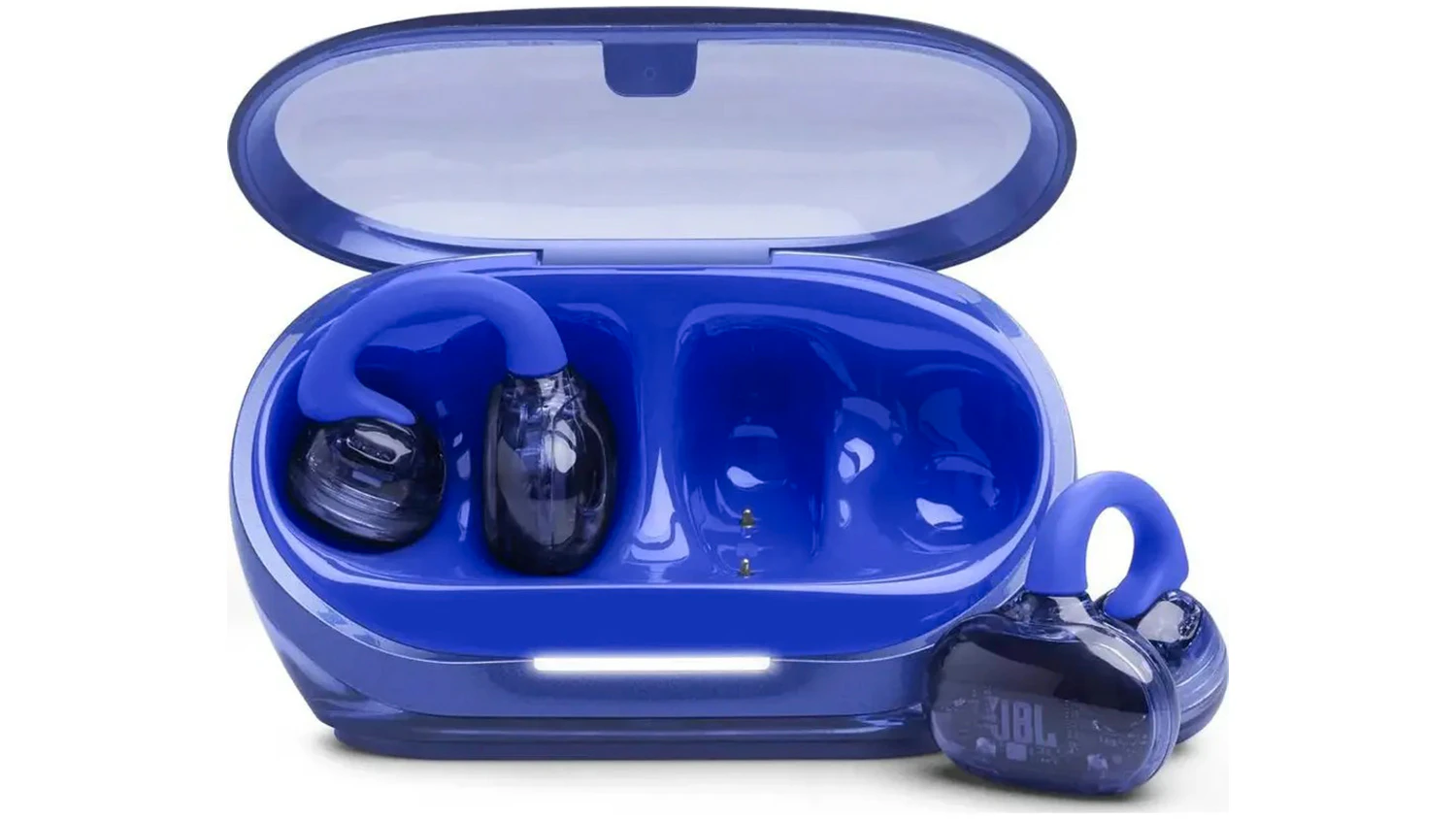 Bezdrôtové slúchadlá JBL Soundgear Clips Blue spredu s puzdrom