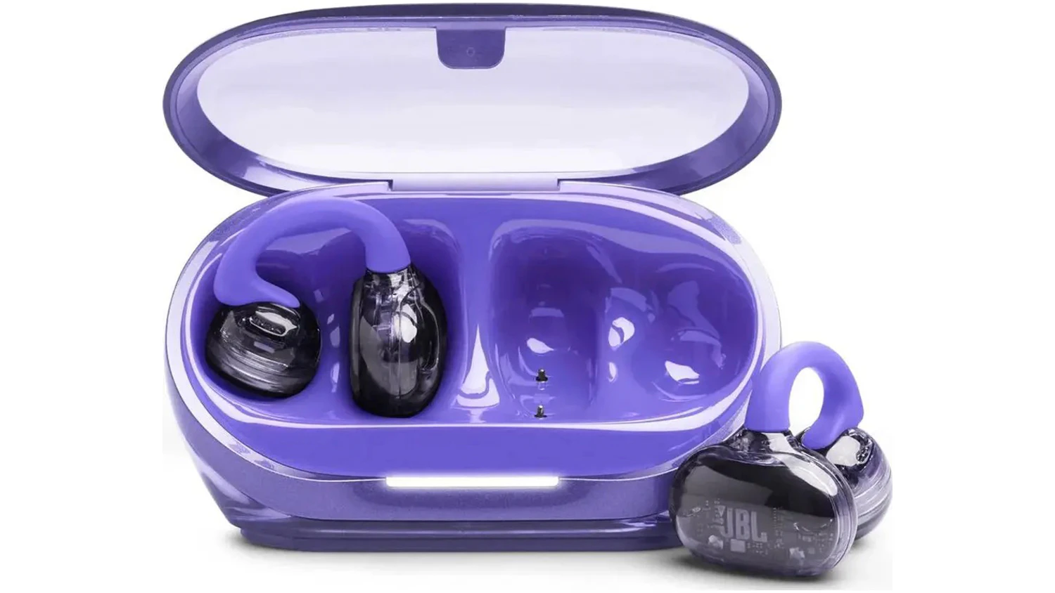 Bezdrôtové slúchadlá JBL Soundgear Clips Purple spredu s puzdrom