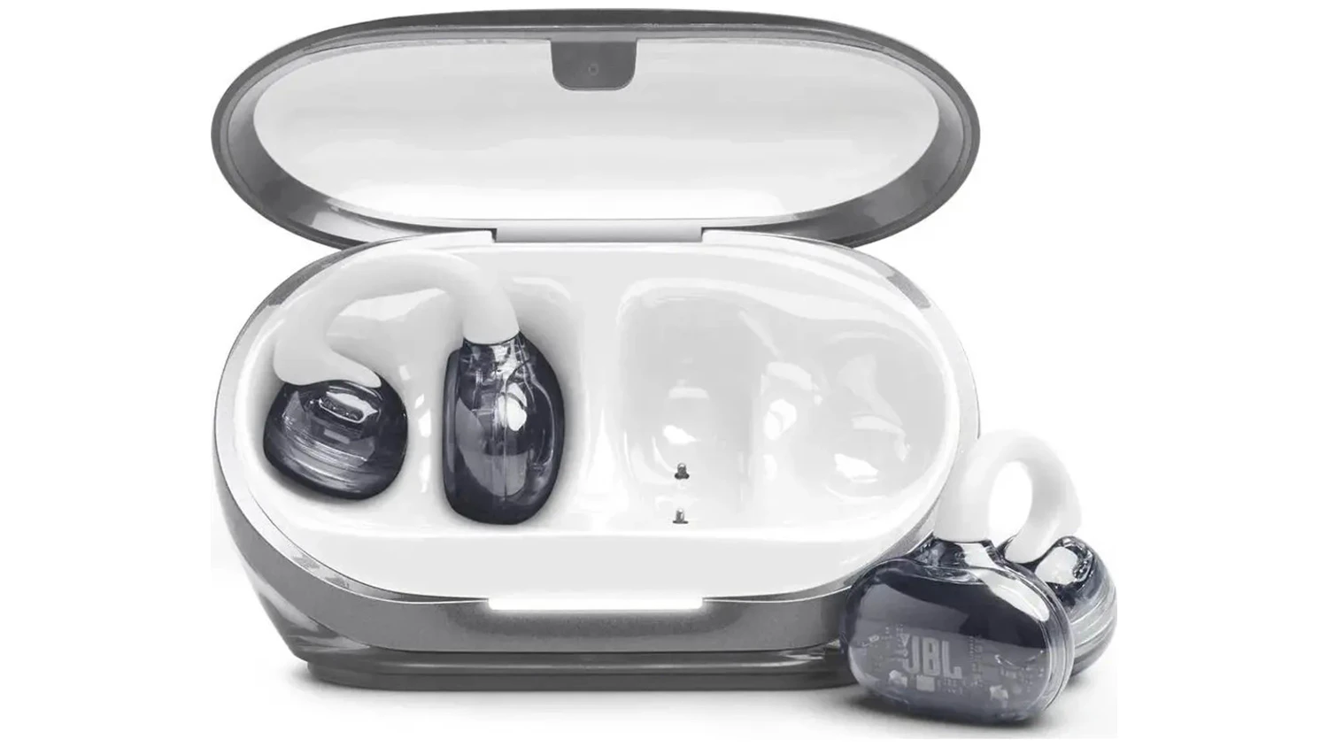 Bezdrátová sluchátka JBL Soundgear Clips White zepředu s pouzdrem