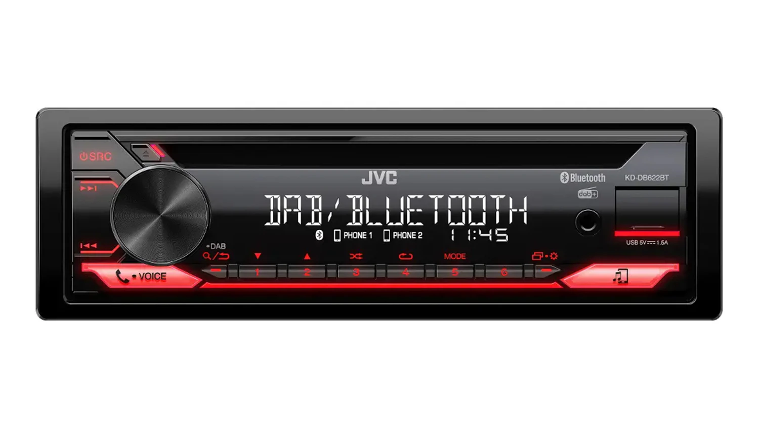Autor&aacute;dio JVC KD-DB622BT na bielom pozad&iacute; zobrazuj&uacute;ce čeln&yacute; panel s farebn&yacute;m displejom a ovl&aacute;dac&iacute;mi prvkami