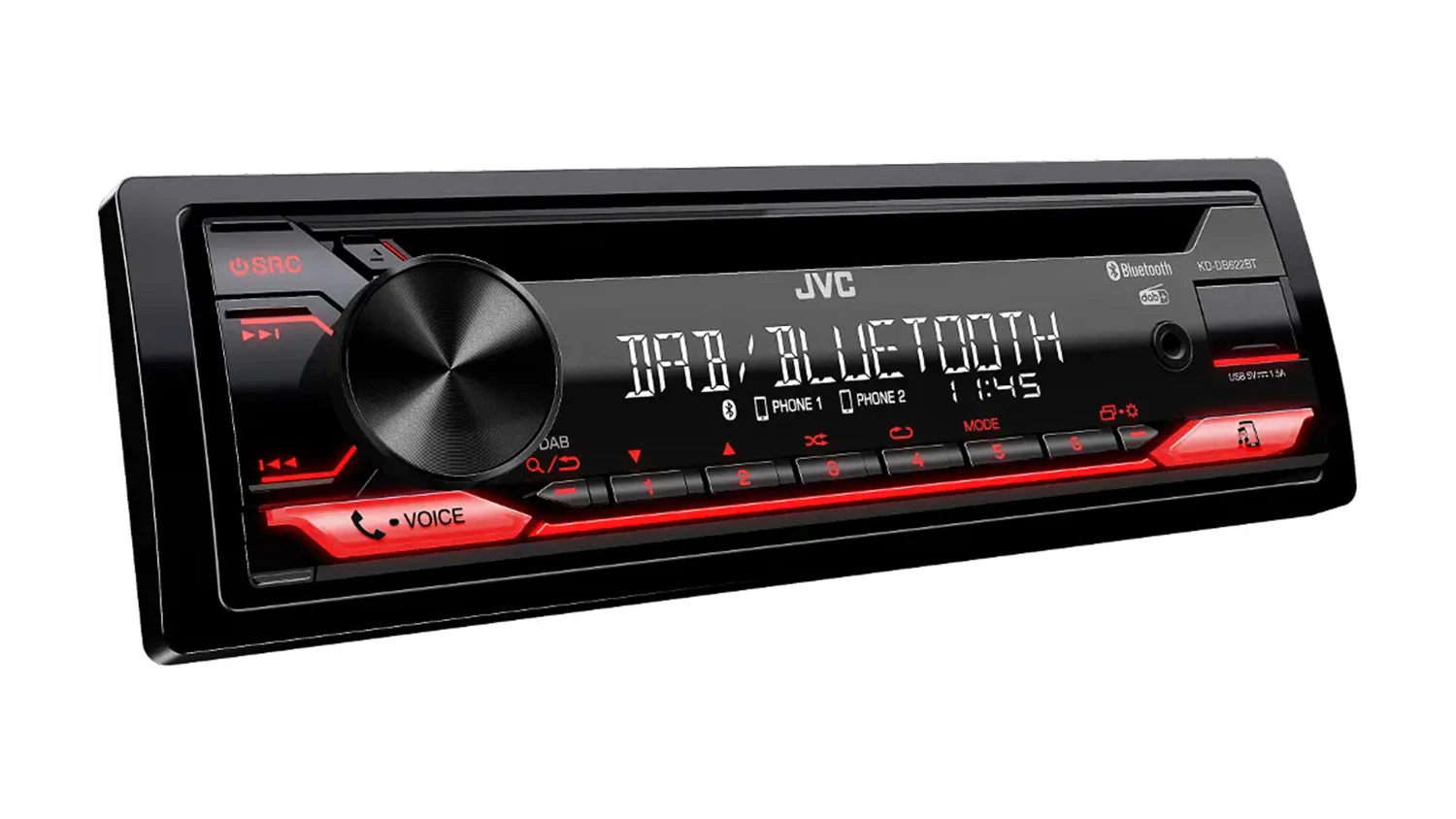 Autor&aacute;dio JVC KD-DB622BT s červen&yacute;m podsv&iacute;cen&iacute;m