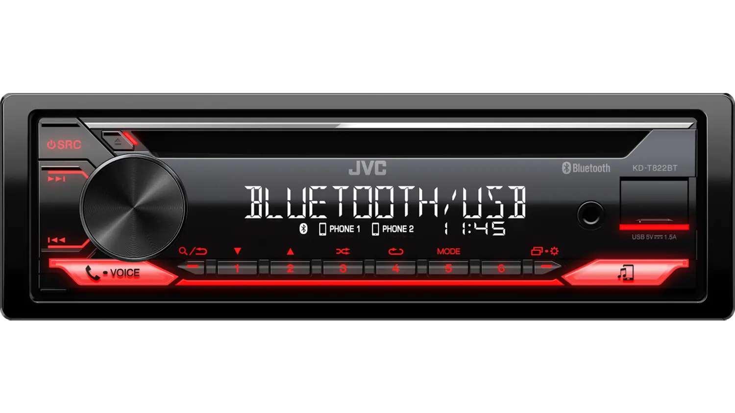 1-DIN autorádio JVC KD-T822BT čelný panel s ovládacími prvkami