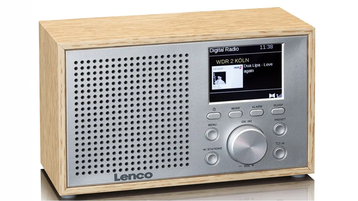 Stolové rádio Lenco DAR-017WH pohled na dekor dreva