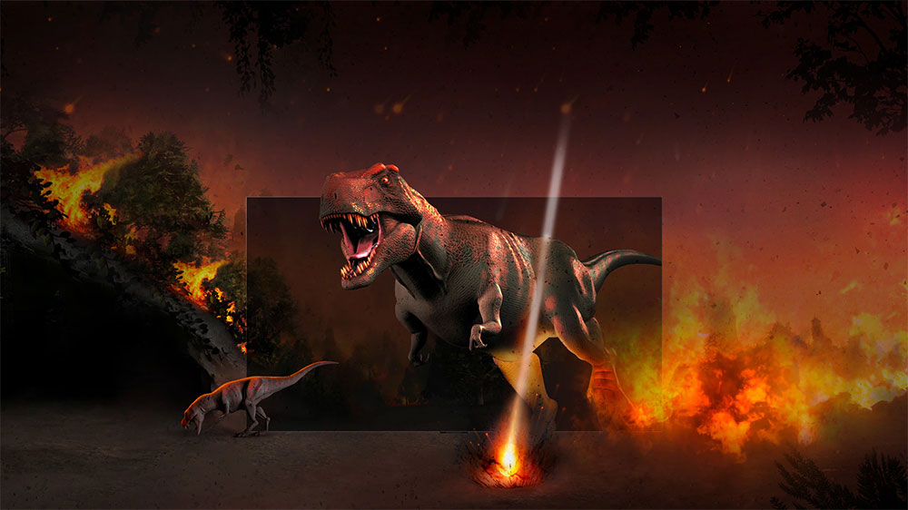 Z obrazovky vystupujúci obraz unikajúceho T-Rexe pred dopadom meteoritu