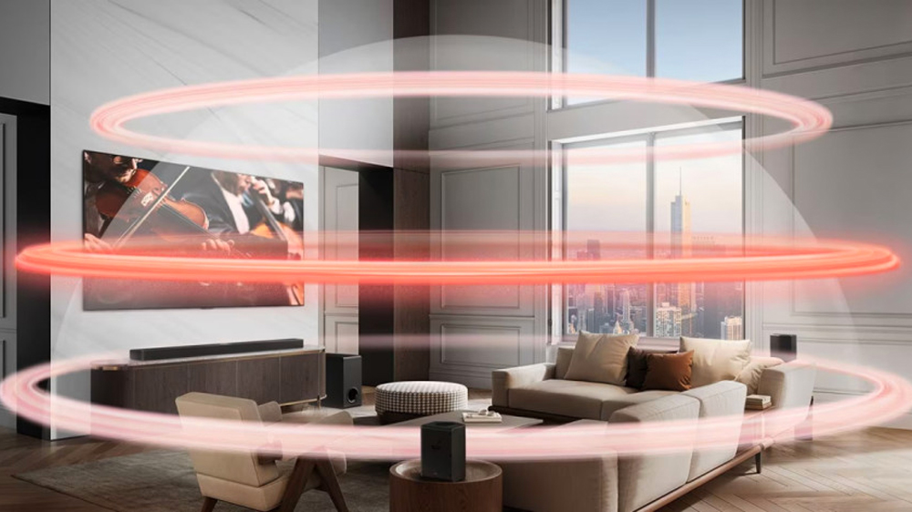Pohled na Soundbar LG SG10TY v obývacím pokoji, znázorněné kruhy zvuku pro představu zvukové kopule_03