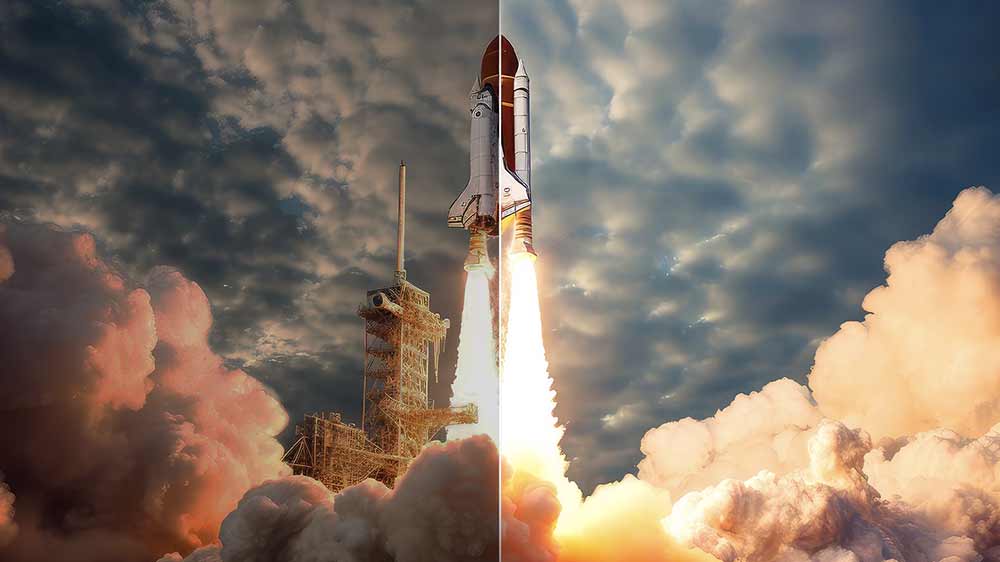 Ukážka jasu na obrazovke smart televízora LG so záberom štartujúcej rakety, kde je pravá strana jasnejšia vďaka funkcii Brightness Booster Ultimate_02