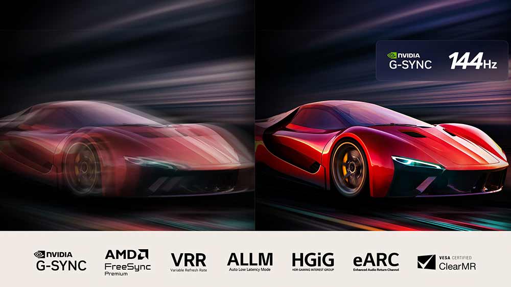 Vizualizácia scény z pretekárskej hry a zoznam herných funkcií a technológií na televízoroch LG_05