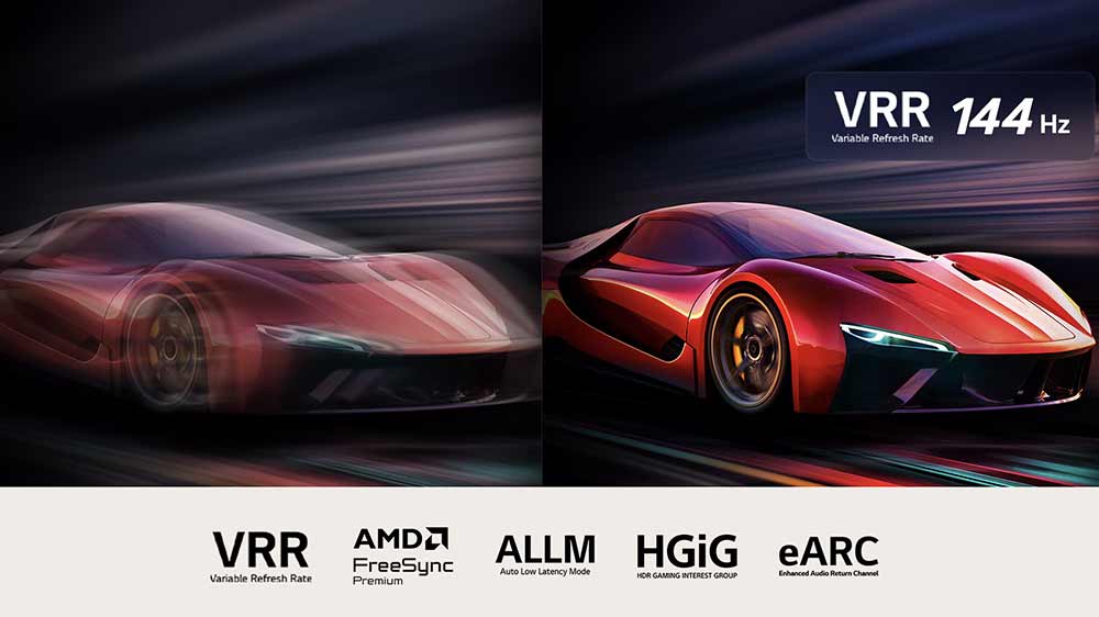 Zobrazení scény ze závodní hry na chytré televizi LG s VRR 144 Hz, která zajišťuje ostrý obraz_05