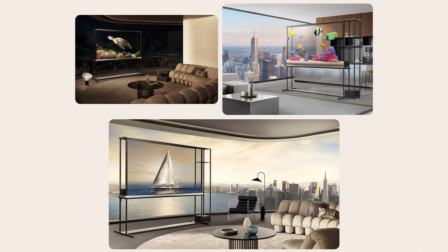 OLED televize LG OLED77T49LA SIGNATURE v různ&yacute;ch interi&eacute;rech