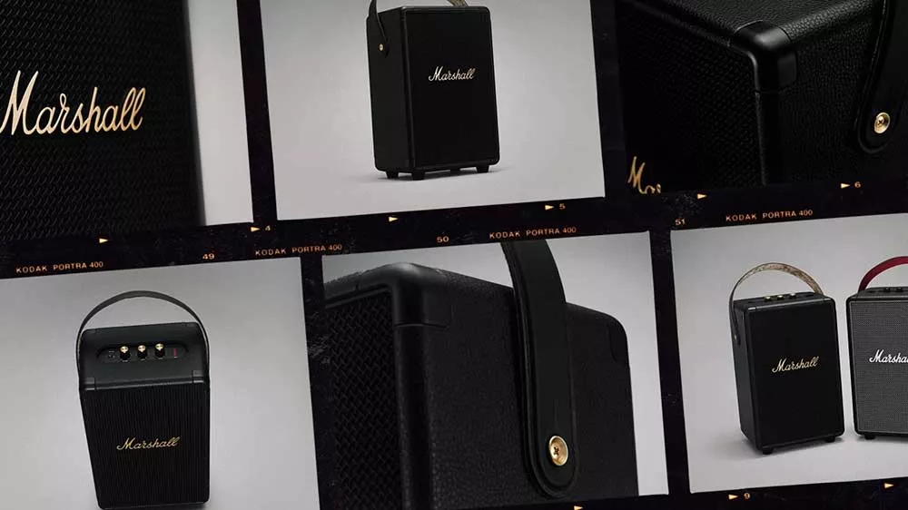 Foto kol&aacute;ž přenosn&eacute;ho reproduktoru Tufton Black & Brass Marshall_02