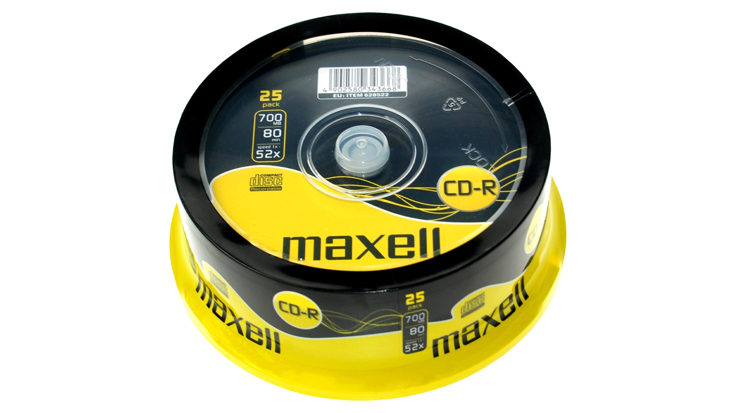 CD-R Maxell XLII 25 ks spindle v priehľadnom obale na bielom pozadí